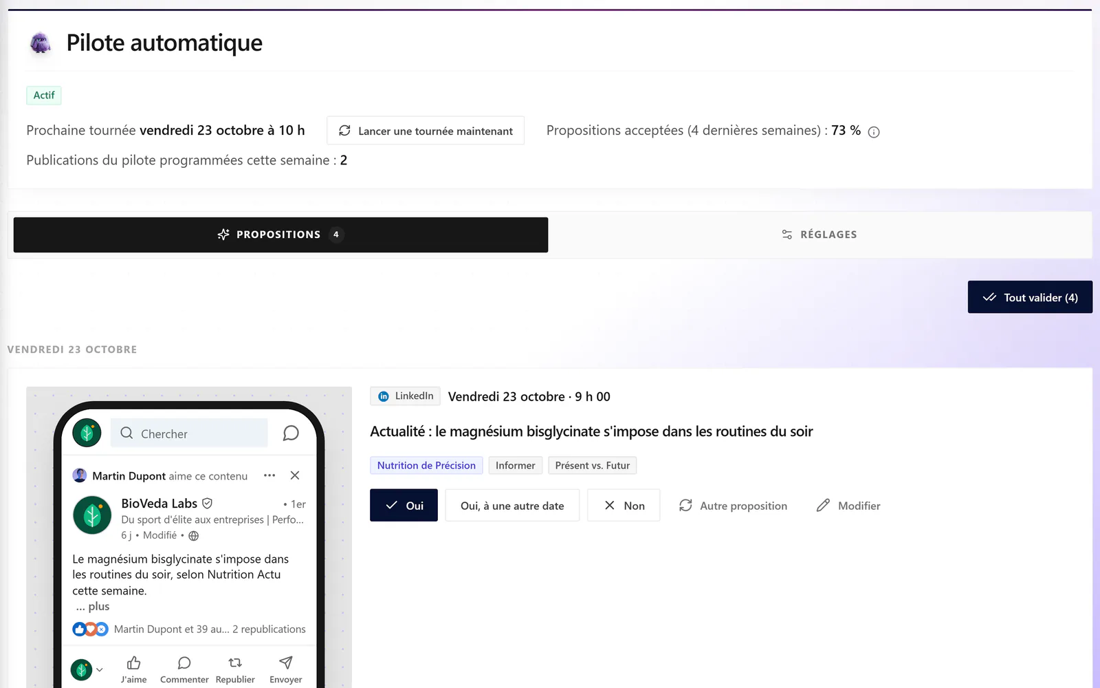 Capture de l'app : les propositions de la semaine du pilote automatique, à valider en un clic