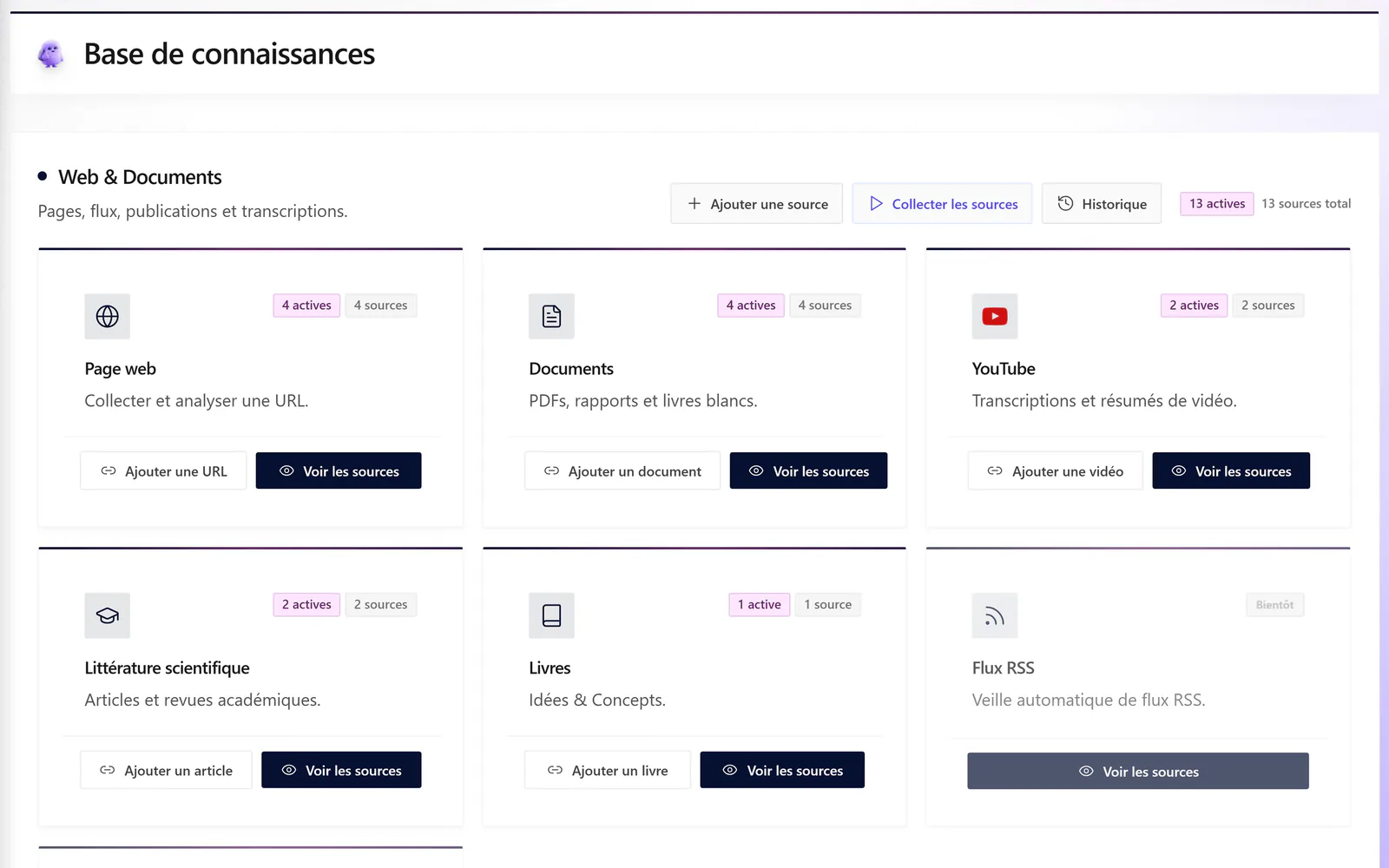 Capture de l'app : la base de connaissances d'une marque, avec ses pages web, documents et vidéos