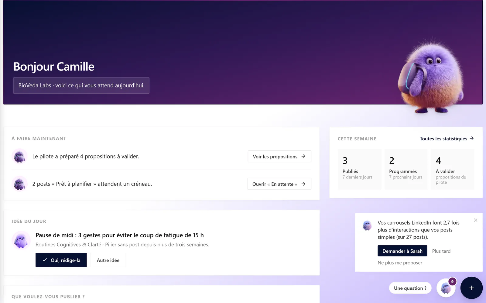 Capture de l'app : l'accueil avec une suggestion de Julie sur les formats qui fonctionnent