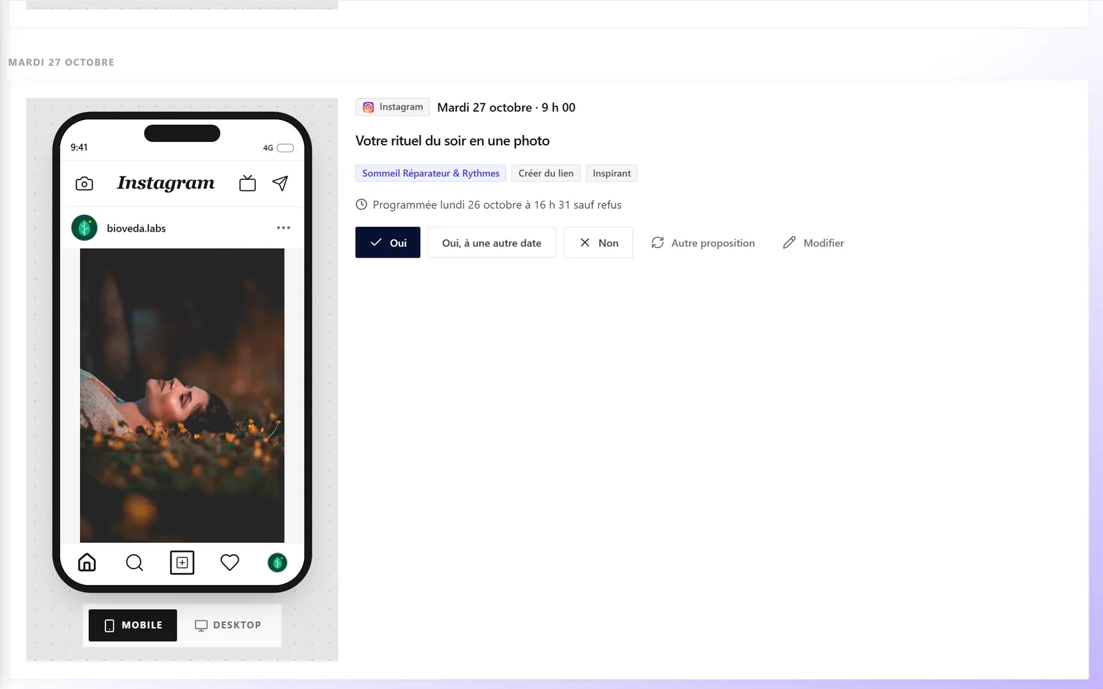 ภาพหน้าจอแอป: ข้อเสนอ Instagram "พิธีกรรมยามค่ำของคุณในภาพเดียว" ตั้งเวลาวันจันทร์ 16:31 น. หากไม่ถูกปฏิเสธ