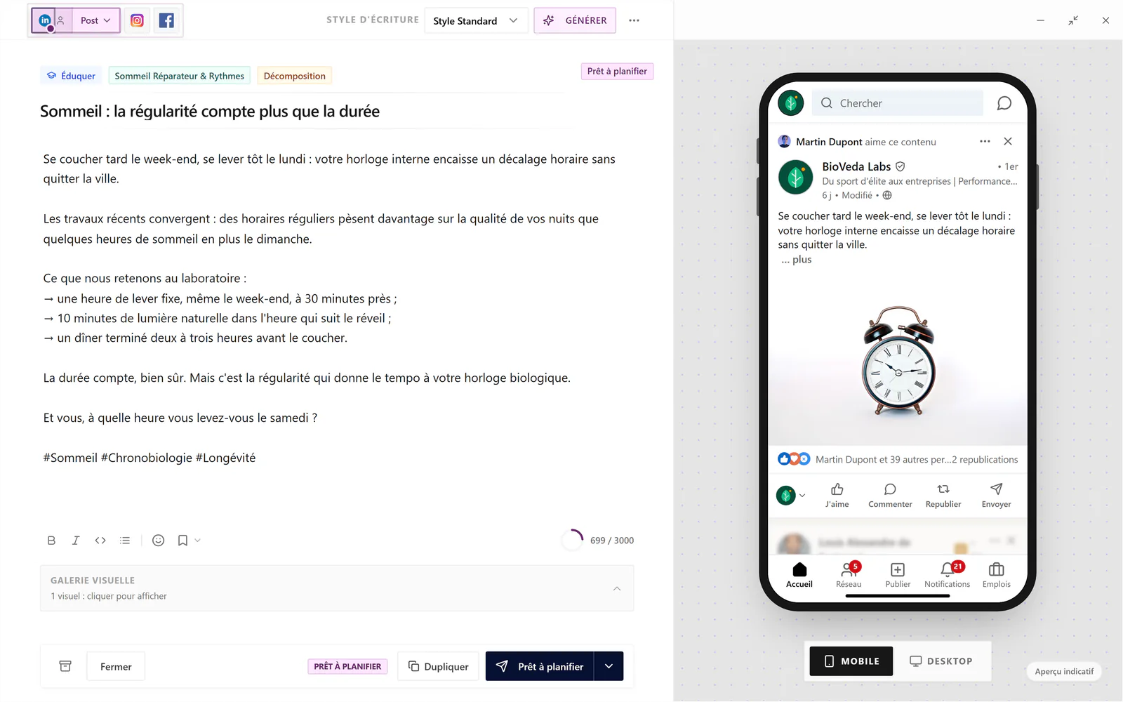 ภาพหน้าจอแอป: ตัวแก้ไขโพสต์ LinkedIn พร้อมตัวอย่างการแสดงผล